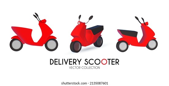 Red delivery scooter in three views set isolated on white background