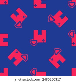 Red Delivery security with shield icon isolated seamless pattern on blue background. Delivery insurance. Insured cardboard boxes beyond the shield.  Vector