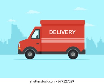 Red Delivery Truck in a City. Flat Design Style. 