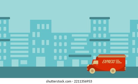 Red delivery truck driving in city with blue background for website, banner, presentation, zoom background, shipping, transportation and e-commerce business