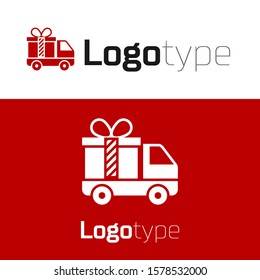 Red Delivery truck with gift icon isolated on white background. Logo design template element. Vector Illustration