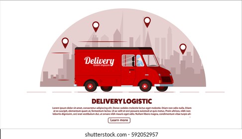 red delivery truck with human worker fast 