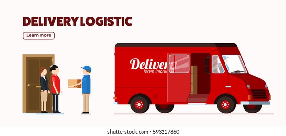 red delivery truck with human worker fast concept place for text 