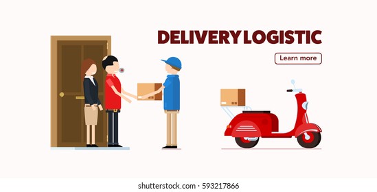 red delivery truck with human worker fast concept place for text 