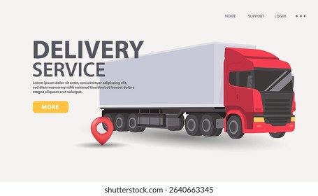 A red delivery truck with a large cargo container, set against a light background. The design features a location pin symbol, suggesting a delivery service theme.