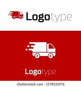 Red Delivery truck in movement icon isolated on white background. Fast shipping delivery truck. Logo design template element. Vector Illustration