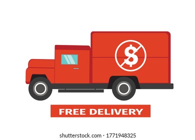 Red delivery truck on white background. Delivery is free. Delivery service concept. Vector illustration on white background.