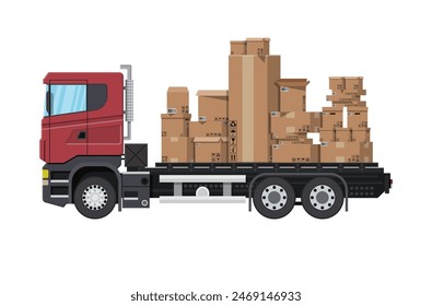 Red delivery truck transporting brown cardboard package. Pile cardboard boxes. Carton delivery packaging open and closed box with fragile signs. Vector illustration in flat style