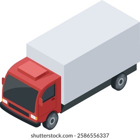 Red delivery truck transporting merchandise, representing logistics and distribution concepts, designed in isometric projection against a clean white background