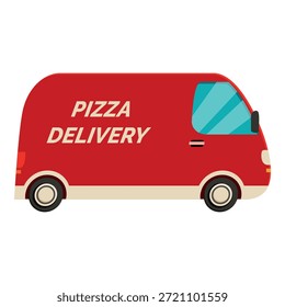 Red delivery van delivering pizza to hungry customers