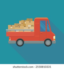 Red delivery van with its exterior bed containing cardboard packages on blue background with long shadow (flat design)