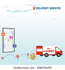 Red delivery van with red location pin with elements of parcel boxes and smart phone shows map and location, delivery service concept