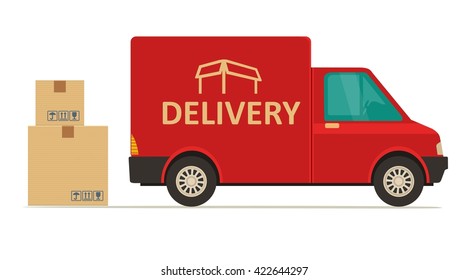 Red delivery van with shadow and cardboard boxes with fragile signs. Product goods shipping transport. Flat vector illustration for web, icon, banner, info graphic. 