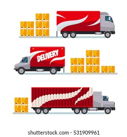 Red delivery van with shadow. Product goods shipping transport. Fast service truck