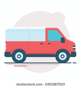 Red delivery van side view on road. Minimalist style cargo vehicle graphic. Transportation and logistics concept vector illustration.