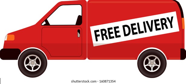 Red Delivery Van With A Sign Free Delivery, Vector Illustration, Isolated On White