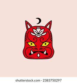 Red demon angry Japanese red mask square vector illustration card, isolated graphics on background.