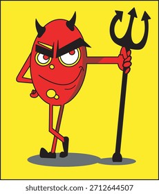 Ein roter Dämon mit einem schwarzen Dreizack ist ein klassisches Bild des Teufels, eine Figur, die die Farbe Rot, die mit Feuer verbunden ist, mit dem schwarzen Dreizack kombiniert, der Autorität darstellt. Vektor in Rot auf Gelb