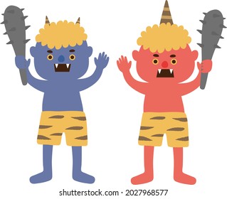 A red demon and a blue demon raising a metal rod