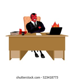 Red demon Boss at job table. Satan leader sitting in office. Devil of workplace. Laptop and phone. Cup of coffee. Director of hell. Chair of human skin. Diablo service businessman
