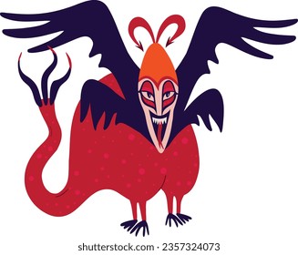 Red demon with a creepy face. Vibrant bright Strange ugly Halloween character