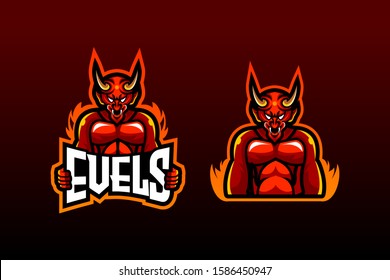 The red demon horned is holding a name in his hand esport logo suitable for team logo and mascot logo