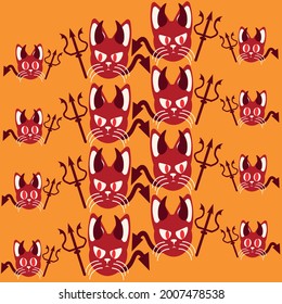 Red demon kittens pattern with orange background for halloween or dia de muertos