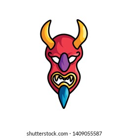 Red demon mask with yellow horns and blue beard