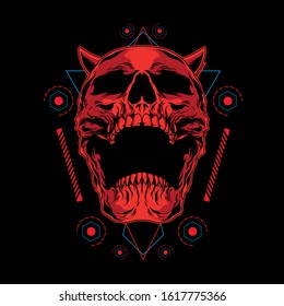 red demon skull illustration with sacred geometry