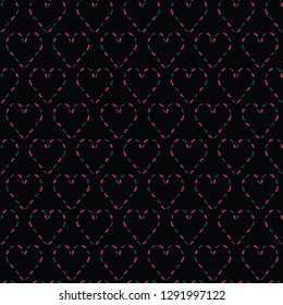 Red denim blue stitched love hearts on black moody background. Hand drawn seamless repeating vector pattern. For valentines day background, romantic wedding or passion proposal textiles.