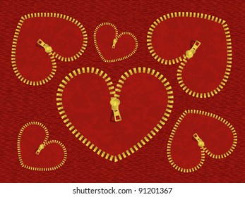 Red denim hearts, with zipper.  Vector retro background.
