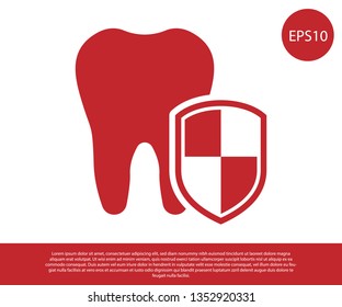 Red Dental protection icon isolated on white background. Tooth on shield logo. Vector Illustration