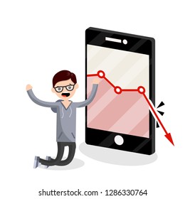 Red descending graph with arrow. Smartphone and a young blogger. Bad statistics of subscribers and views. Business problems. Angry guy on his knees. Cartoon flat illustration