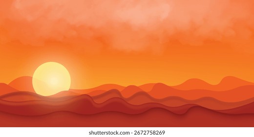 Red desert bright sunrise vector illustration