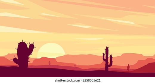 red desert landscape with cactuses at sunset