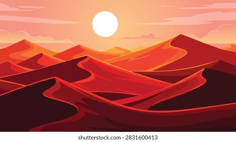 Red Desert Mountain Landscape with Dramatic Sunset and Rolling Dunes