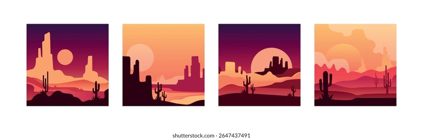 Deserto Vermelho Pôr do Sol e Entardecer Paisagem com Silhuetas de Montanhas e Cactus Vetor Set