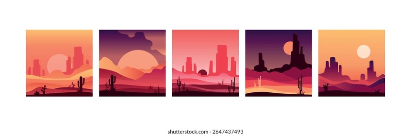 Red Desert Sunset and Dusk Landscape with Silhouettes of Mountains and Cactus Vector Set