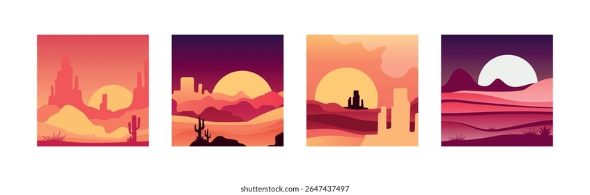Red Desert Sunset and Dusk Landscape with Silhouettes of Mountains and Cactus Vector Set
