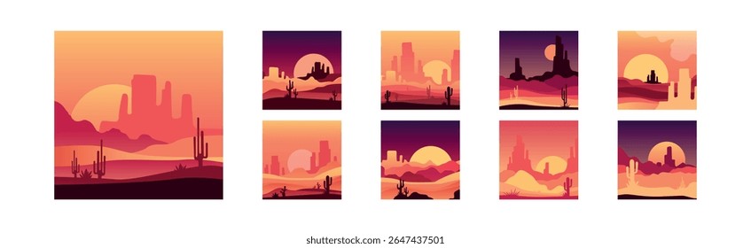 Red Desert Sunset and Dusk Landscape with Silhouettes of Mountains and Cactus Vector Set