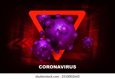 Red design with abstract silhouette of coronavirus elements. Prohibition sign. Symptom of coronavirus COVID-2019.