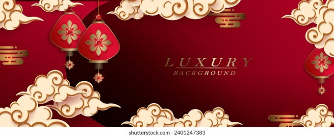 Red design with Asian pattern, lanterns and clouds in paper art style.