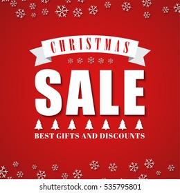 Red Design background for Christmas sales. Template with a ribbon, Christmas trees and snowflakes. Vector illustration.