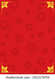 Diseño rojo decorado con flores de cerezo en el fondo y diseño de cuadros chinos con algunos pétalos.
