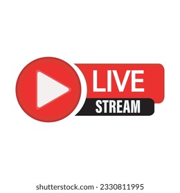 Red design element with a play button for news, radio, TV, or online broadcasting isolated on white background. eps 10