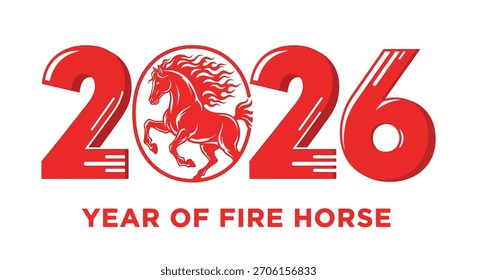 Un diseño rojo con los números "2026" con una ilustración de caballo dentro del cero, y el texto "AÑO DEL CABALLO DE FUEGO" a continuación.