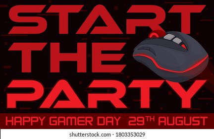 Red design with glowing gaming mouse, inviting at you to celebrate with a electronic party and video games during Gamer Day celebration this 29th August.