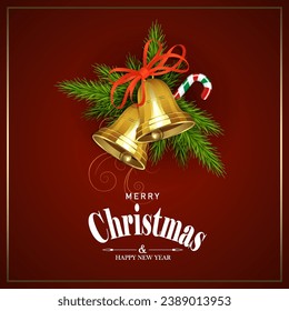 Red design, isolated golden shiny bells, fir branches, red bow and staff.