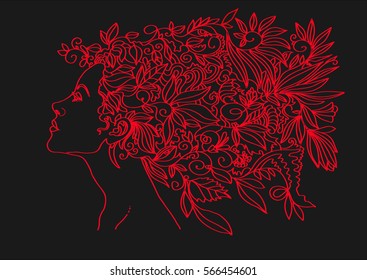   red design on a black background, a woman in profile, her hair - leaves, flowers 