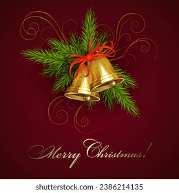 Red design with snowflakes, isolated golden shiny bells, fir branches and red bow.